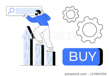 Businessperson climbs bar graph holding search bar, adjacent to gears and a Buy button. Ideal for business, online shopping, marketing, success, technology, e-commerce, strategy concepts. Line Businessperson climbs bar graph holding search bar, adjacent to gears and a Buy button. Ideal for business, online shopping, marketing, success, technology, e-commerce, strategy concepts. Line 124965850