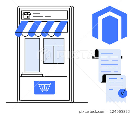 Mobile interface with shop storefront and shopping cart icon, e-commerce platform logo, and transaction receipt. Ideal for online shopping, e-commerce, mobile apps, retail business, financial 124965853