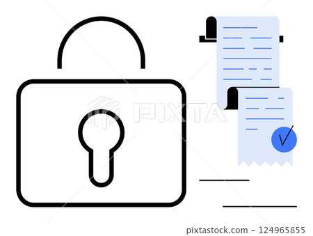 Padlock next to a document with a check mark indicating security and approval. Ideal for data protection, online security, privacy policies, secure transactions, authorization. Flat design style 124965855