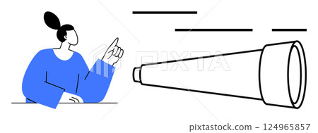 Businesswoman in blue sweater pointing at a large telescope, suggesting vision and future goals. Ideal for business strategy, leadership, innovation, planning, goal setting, motivation Businesswoman in blue sweater pointing at a large telescope, suggesting vision and future goals. Ideal for business strategy, leadership, innovation, planning, goal setting, motivation 124965857