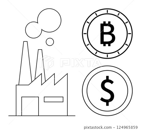 Factory building with two chimneys emitting smoke, accompanied by Bitcoin and Dollar coin symbols. Ideal for finance, cryptocurrency, industry, economy, trade, manufacturing, investment themes. Line Factory building with two chimneys emitting smoke, accompanied by Bitcoin and Dollar coin symbols. Ideal for finance, cryptocurrency, industry, economy, trade, manufacturing, investment themes. Line 124965859