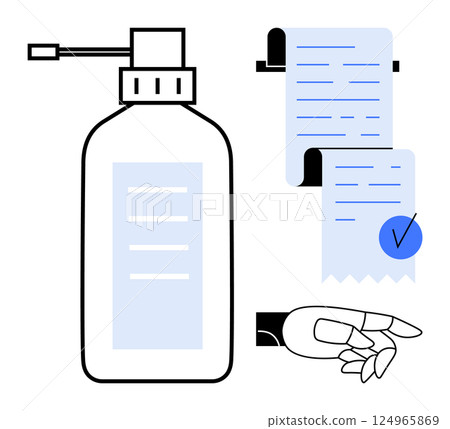 Large sanitizer bottle, two documents with lists and a checkmark, and a hand pointing. Ideal for hygiene, organization, healthcare, office use, and checklists. Minimalist modern style 124965869