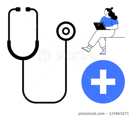 Healthcare stethoscope, person using laptop, and medical cross. Ideal for telehealth services, medical guidance, healthcare apps, patient support, online consultations, health innovation, remote 124965871