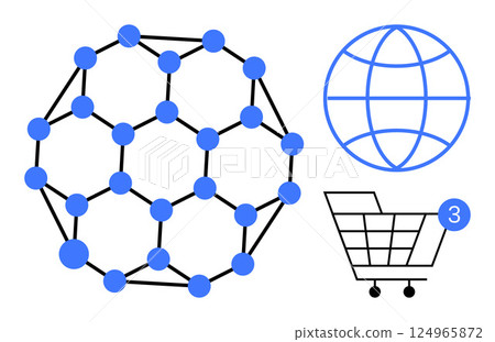 Abstract network structure with blue nodes and connections, global internet sphere, and shopping cart with notification icon. Ideal for e-commerce, online shopping, global connectivity, technology 124965872