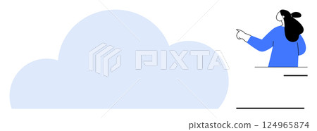 Person in blue pointing towards a large cloud. Ideal for technology, cloud computing, data storage, innovation, and teamwork themes. Modern flat vector style with light and dark blue colors Person in blue pointing towards a large cloud. Ideal for technology, cloud computing, data storage, innovation, and teamwork themes. Modern flat vector style with light and dark blue colors 124965874