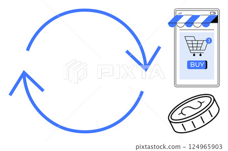 Blue circular arrows symbolizing a continuous transaction cycle with a smartphone screen displaying a shopping cart icon and buy button. Coin icon representing payment. Ideal for e-commerce, online 124965903