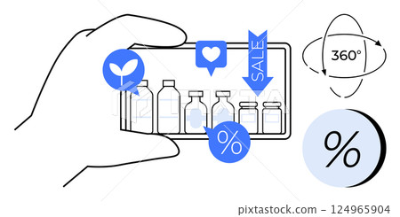 Hand holding smartphone showing various product bottles surrounded by discount symbols, a heart, a plant, and a 360-degree view icon. Ideal for online shopping, e-commerce, mobile apps, retail 124965904