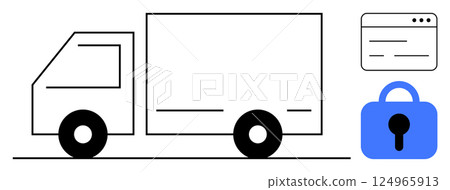 Black and white truck, blue padlock, and browser window symbolize secure cargo delivery and online security. Ideal for logistics, cybersecurity, data protection, web security, and e-commerce. Simple Black and white truck, blue padlock, and browser window symbolize secure cargo delivery and online security. Ideal for logistics, cybersecurity, data protection, web security, and e-commerce. Simple 124965913