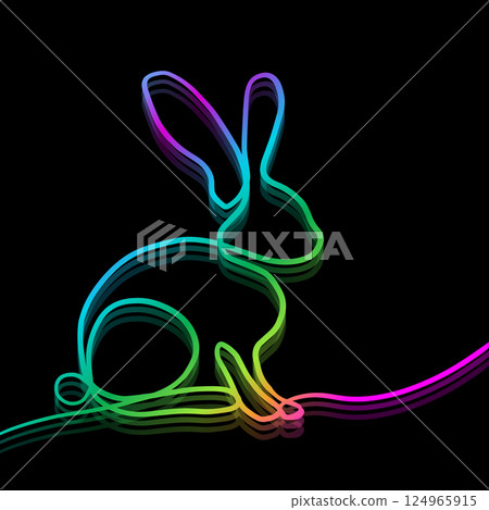Rabbit banner one line linear. Happy Easter card. Neon gradient bunny with egg. hand drawn. Not AI, Vector illustration 124965915