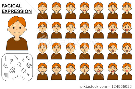 A set of facial expressions of a brown-haired man with various expressions including joy, anger, sadness and happiness A set of facial expressions of a brown-haired man with various expressions including joy, anger, sadness and happiness 124966033