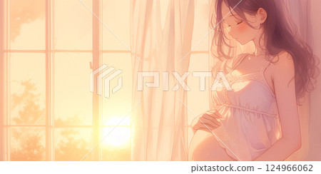 Pensive pregnant woman. Watercolor painting. Illustration. 124966062