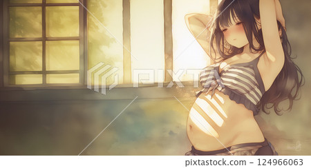 沉思的孕婦。水彩畫。插圖。 124966063