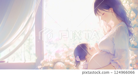 Pensive pregnant woman. Watercolor painting. Illustration. 124966066