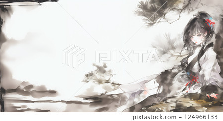 A pensive woman in a kimono. Watercolor painting. Illustration. 124966133