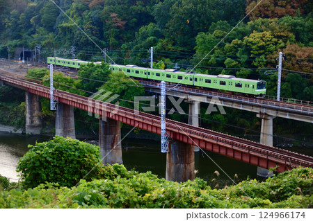 JNR 201 series train crossing a bridge JNR 201 series train crossing a bridge 124966174