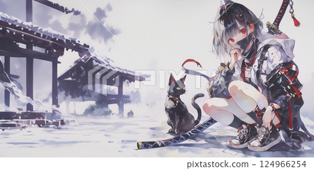Modern style ninja woman. Watercolor. Illustration. 124966254