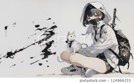 Modern style ninja woman. Watercolor. Illustration. 124966255