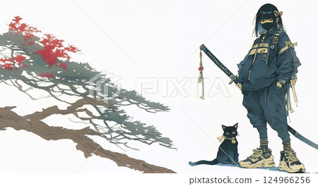 Modern style ninja woman. Watercolor. Illustration. 124966256