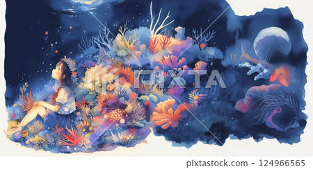 Woman protecting coral. Watercolor. Illustration. Woman protecting coral. Watercolor. Illustration. 124966565