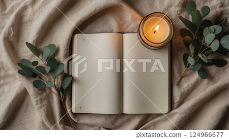 Open Notebook with Candle and Greenery on Soft Fabric Background 124966677