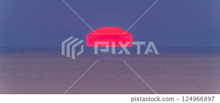 Panoramic view of the house-shaped Daruma sunset sinking into the Sea of Japan from the Byobuiwa Observatory 124966897