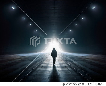 一個身影穿過黑暗的隧道走向光明 |孤獨與希望交匯的城市景觀 124967020