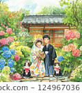 A wedding surrounded by hydrangeas and cats 124967036