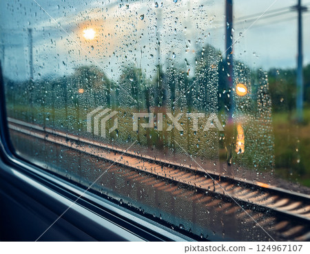 The train tracks and scenery seen from a train window with raindrops | A view from a train window on a rainy day full of travel romance 124967107