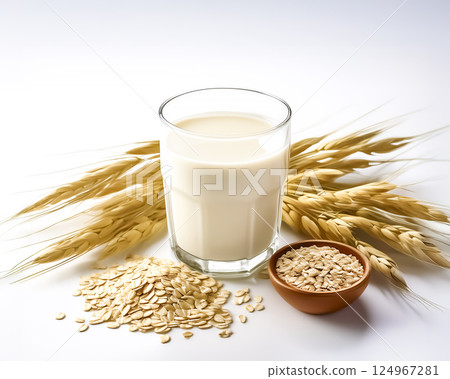 一杯燕麥奶和杏仁的圖片 124967281