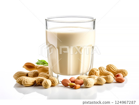 Image of peanut milk in a glass and peanuts 124967287