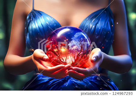 Stock image of a close-up of a woman's hand holding the globe 124967293