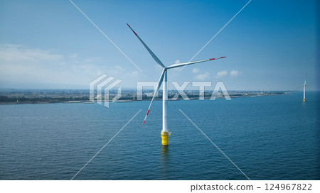 Offshore wind turbines off the coast of Nyuzen, Toyama Prefecture, Japan, in April Offshore wind turbines off the coast of Nyuzen, Toyama Prefecture, Japan, in April 124967822