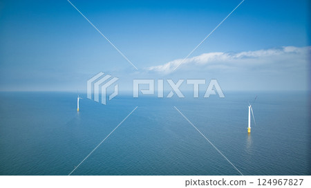 Offshore wind turbines off the coast of Nyuzen, Toyama Prefecture, Japan, in April 124967827
