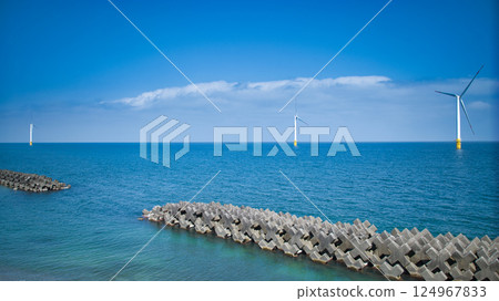 Offshore wind turbines off the coast of Nyuzen, Toyama Prefecture, Japan, in April Offshore wind turbines off the coast of Nyuzen, Toyama Prefecture, Japan, in April 124967833