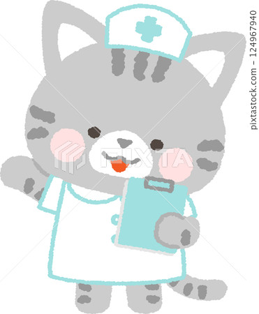 一隻虎斑貓護士拿著寫字板發出指示 124967940