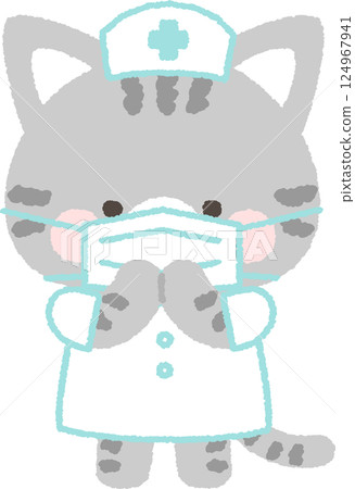 戴著口罩的虎斑貓護士 戴著口罩的虎斑貓護士 124967941