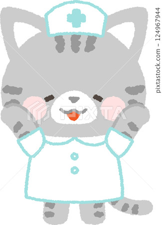 A tabby cat nurse happily raising both hands A tabby cat nurse happily raising both hands 124967944