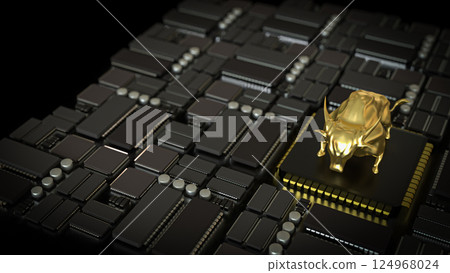 The Gold Bull on mother board for Business or Technology concept 3d Rendering. The Gold Bull on mother board for Business or Technology concept 3d Rendering. 124968024