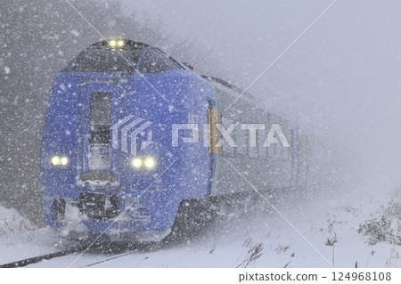 在暴風雪中行駛在宗谷本線的“特快Sarobetsu” 在暴風雪中行駛在宗谷本線的“特快Sarobetsu” 124968108