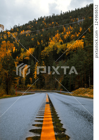 Highway in the evening mountains of South Norway  124968652