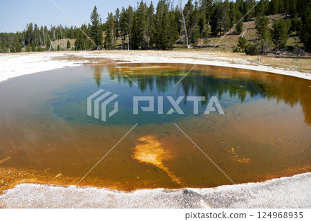 A photo of a beautiful pond in Yellowstone National Park, a famous tourist destination in the United States. 124968935