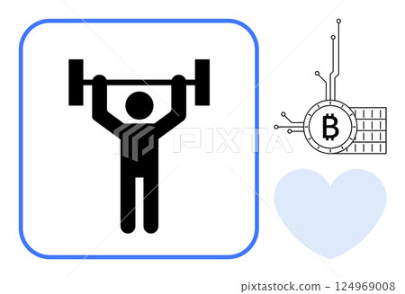 Man lifting a barbell in a square frame. Next to it a bitcoin symbol with digital connections and a blue heart. Ideal for fitness, cryptocurrency, health, digital finance, modern lifestyle Man lifting a barbell in a square frame. Next to it a bitcoin symbol with digital connections and a blue heart. Ideal for fitness, cryptocurrency, health, digital finance, modern lifestyle 124969008