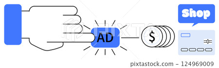 A hand clicks an ad button, leading to coins, a speech bubble with shop text, and a credit card. Ideal for advertising, ecommerce, digital marketing, online shopping, website monetization 124969009