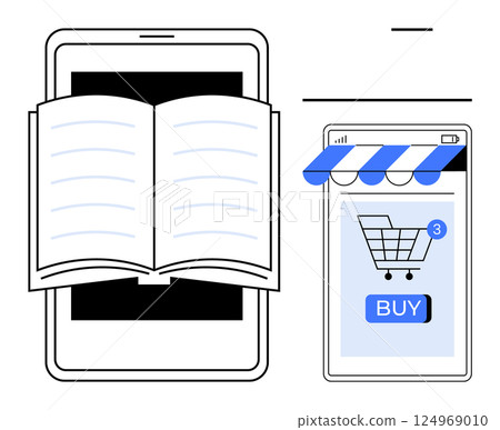 A stylized image of a smartphone displaying an open book, accompanied by a mobile shopping interface with a cart icon and a buy button. Ideal for online shopping, e-books, mobile commerce, digital 124969010
