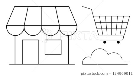 Image of a small shop with an awning beside a floating shopping cart and cloud. Ideal for online shopping, retail stores, e-commerce, marketing, and business promotion. Simple line art style 124969011