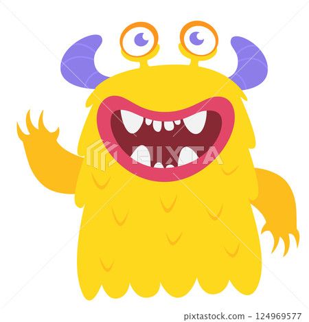 Funny cartoon monster character. Illustration of cute and happy alien creature for Halloween party decoration or package design. Vector isolated 124969577