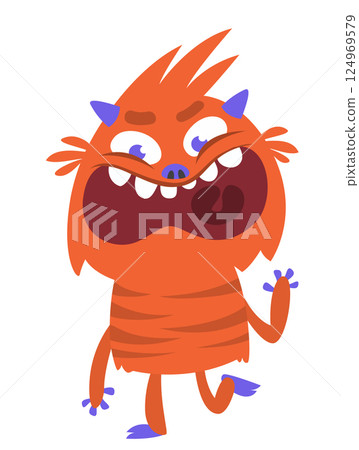 Funny cartoon monster character. Illustration of cute and happy alien creature for Halloween party decoration or package design. Vector isolated Funny cartoon monster character. Illustration of cute and happy alien creature for Halloween party decoration or package design. Vector isolated 124969579