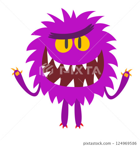 Funny cartoon monster character. Illustration of cute and happy alien creature for Halloween party decoration or package design. Vector isolated Funny cartoon monster character. Illustration of cute and happy alien creature for Halloween party decoration or package design. Vector isolated 124969586