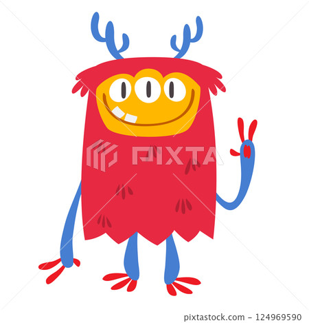 Funny cartoon monster character. Illustration of cute and happy alien creature for Halloween party decoration or package design. Vector isolated Funny cartoon monster character. Illustration of cute and happy alien creature for Halloween party decoration or package design. Vector isolated 124969590