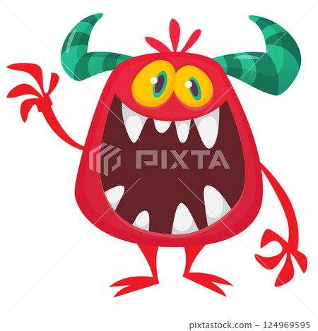 Funny cartoon monster character. Illustration of cute and happy alien creature for Halloween party decoration or package design. Vector isolated Funny cartoon monster character. Illustration of cute and happy alien creature for Halloween party decoration or package design. Vector isolated 124969595